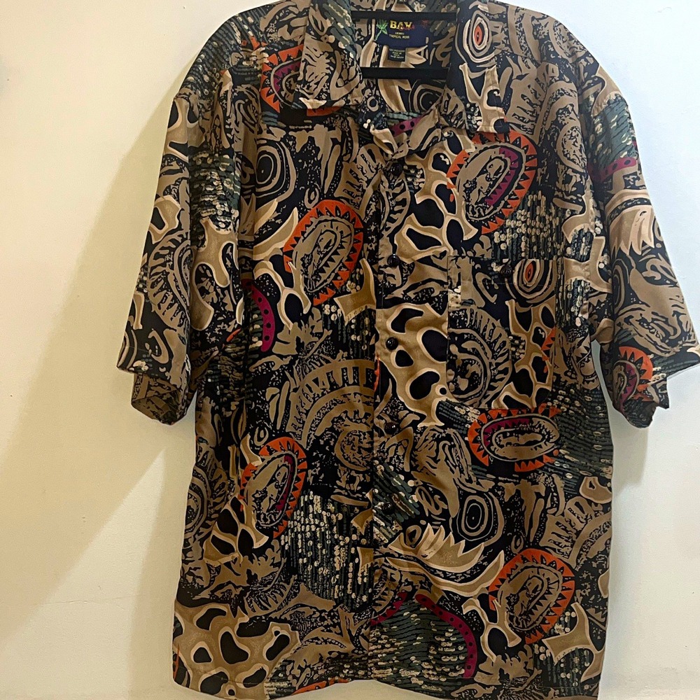 VNT Bay Creek Men's XL Abstract Tribal Short Sleeve Woven Polyester Beige/Black